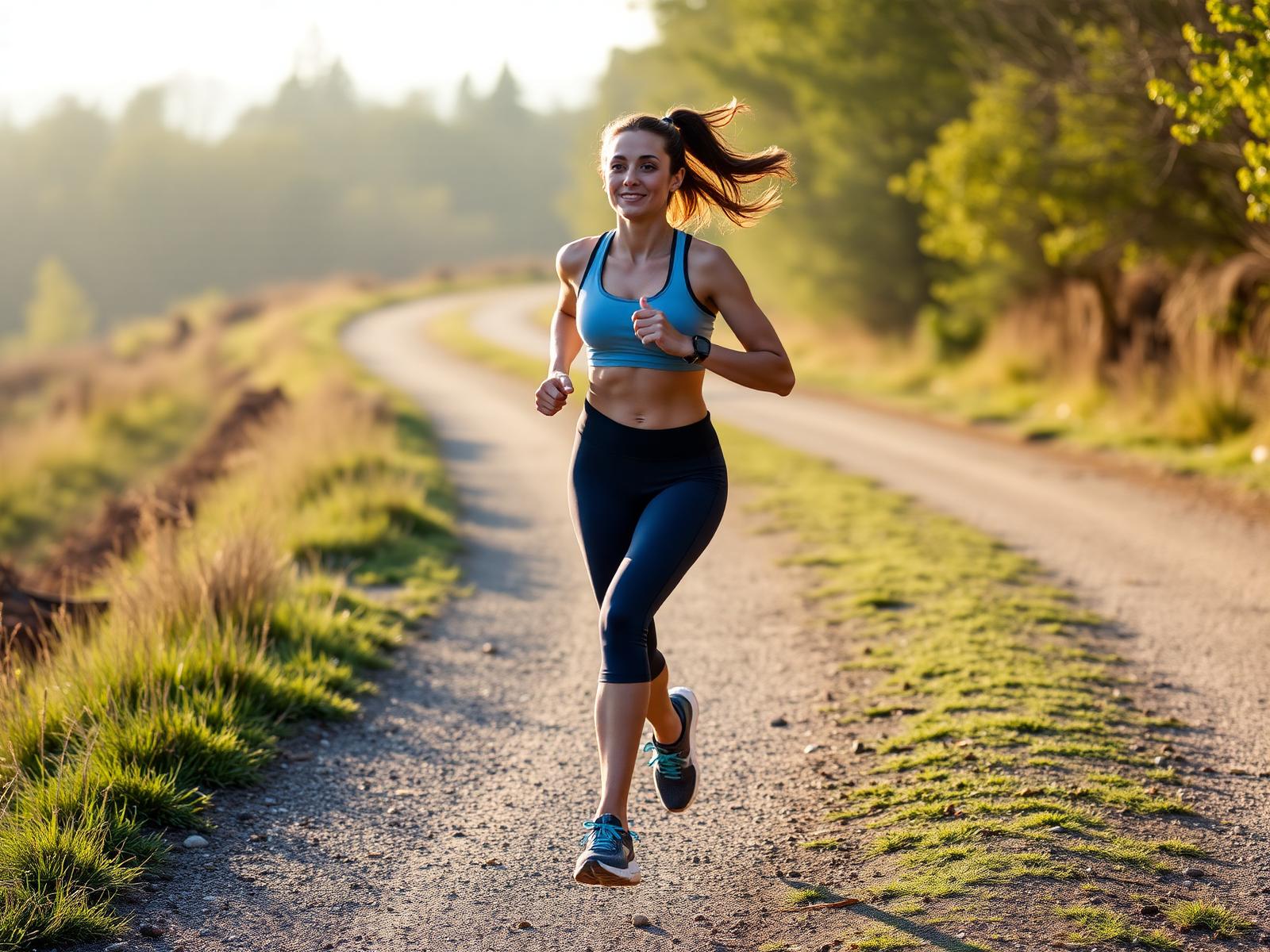 Fit woman running outdoors at sunrise
